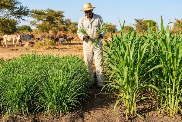 Un agricultor senegalés compara forrajes de Panicum y Maralfalfa, de pie entre cultivos vibrantes con ganado y cabras cerca.
