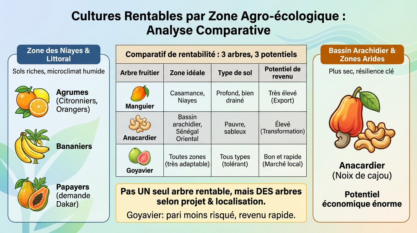 Carte illustrant les zones agro-écologiques du Sénégal et les arbres fruitiers adaptés comme le manguier et l'anacardier