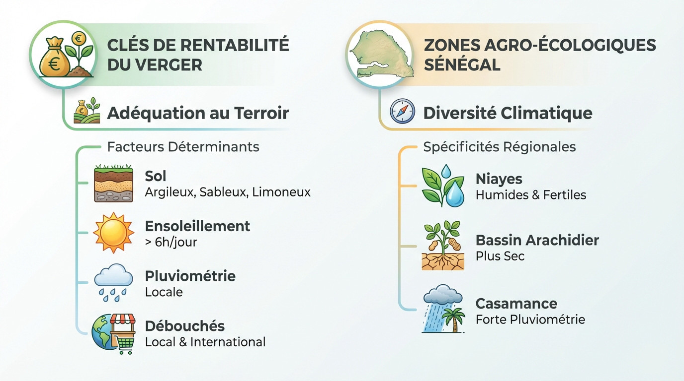 Carte des zones agro-écologiques du Sénégal pour choisir les arbres fruitiers rentables selon le sol et le climat