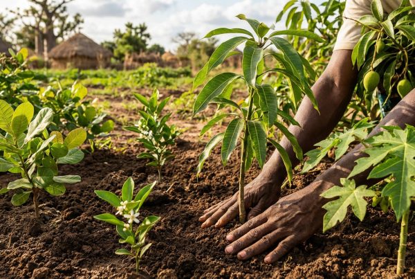 Mains sombres plantant un jeune manguier dans un sol riche. Plants d'anacardier, d'agrumes et de papayer. Village sénégalais en fond.