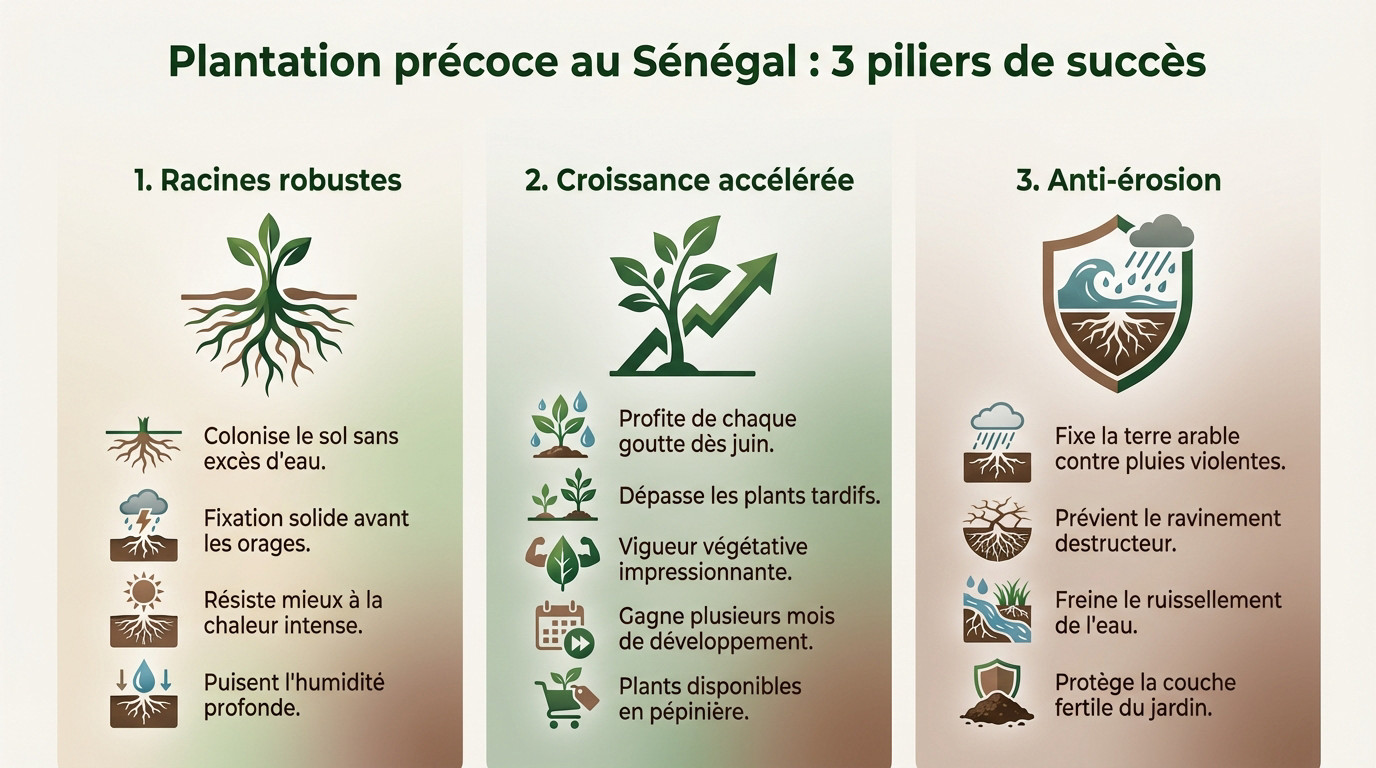 Jeune plant d'arbre fruitier en terre au Sénégal avant la saison des pluies