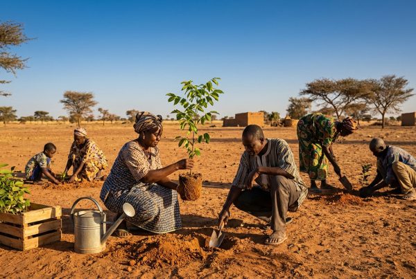 Plusieurs personnes plantent des arbres dans un paysage sénégalais aride, avec des maisons en terre et un ciel bleu clair.